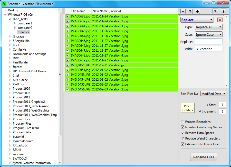 The Renamer using a simple modified date replacement and sorting by modified date.