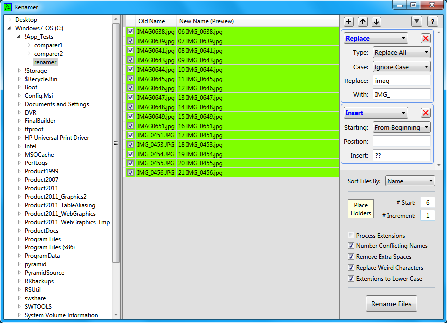 The Renamer using multiple functions including an incrementing number placeholder.