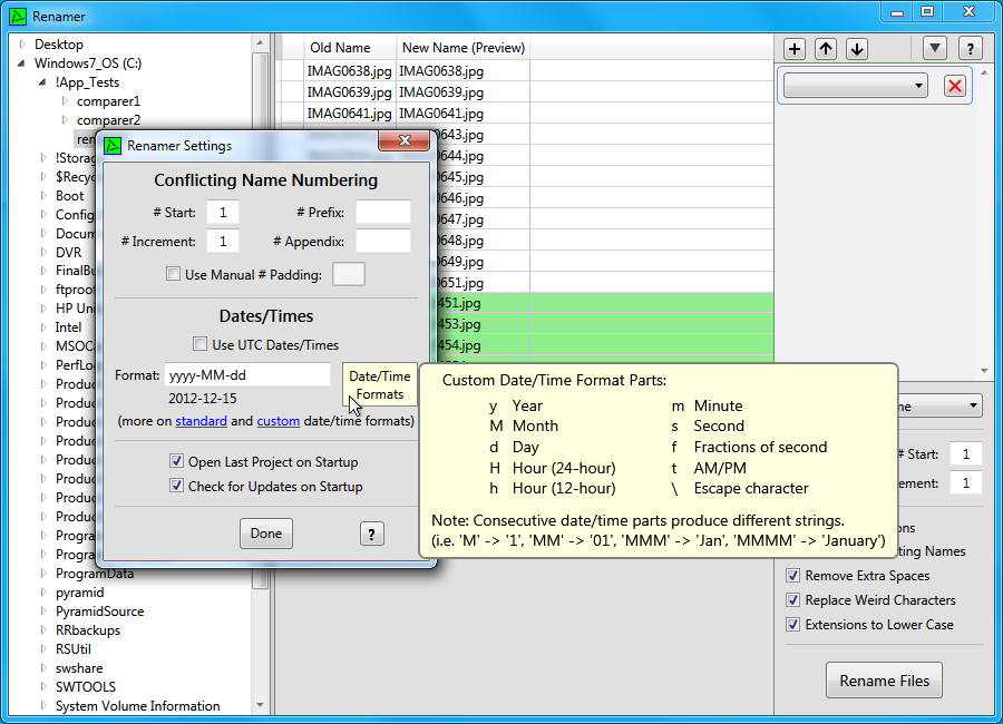 The Renamer settings.